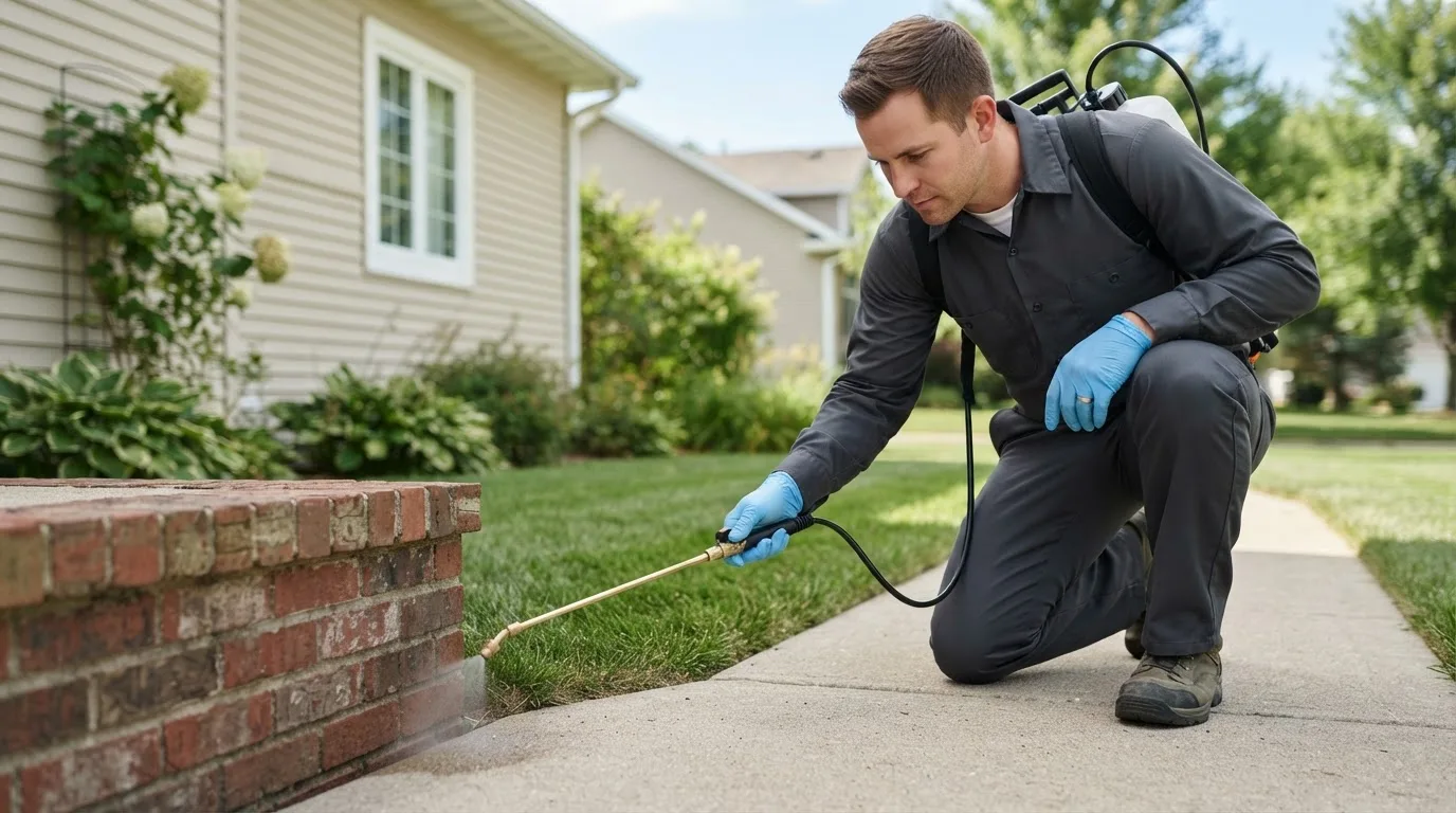 Pest control technician treating a home near Redlands, CA