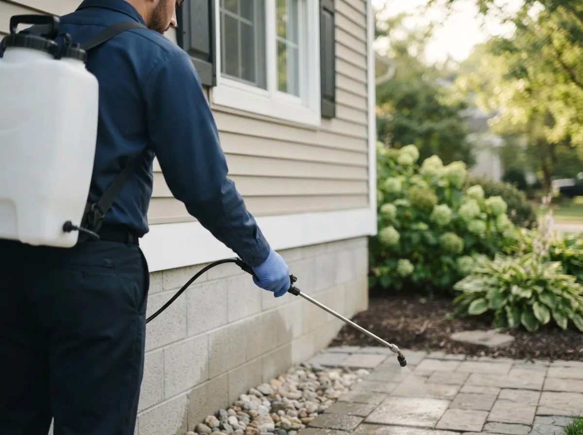 Pest control technician inspecting a home in Redlands, CA